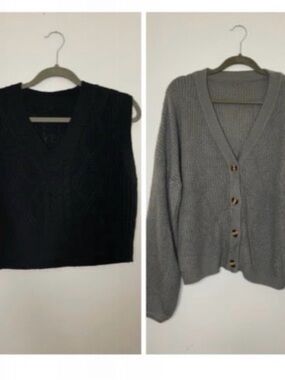 SHEIN Gray Button V-Neck Cardigan & Black Cable Knit Vest Set